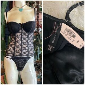 NWT 2010 VS Sexy Little Things Black Lace Corset Bustier 34C Sequin Thong Panty
